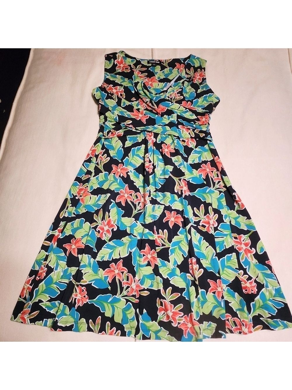 Lands End Green Black Floral Wrap A Line Dress Medium 10 12 - Picture 8 of 11